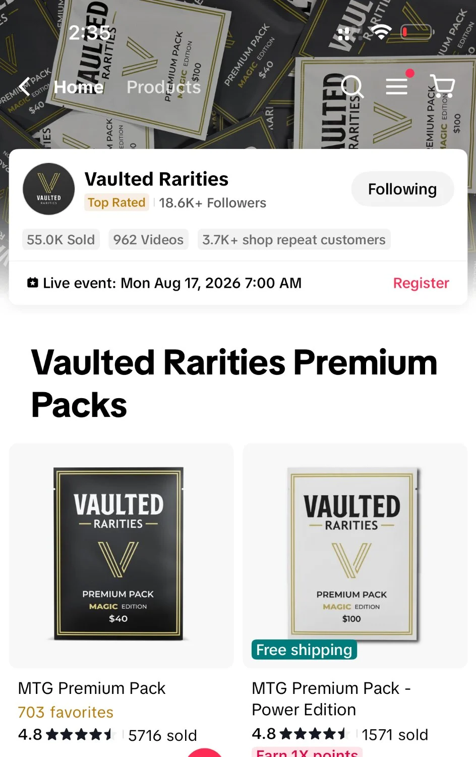 Vaulted Rarities TikTok Shop on the phone display
